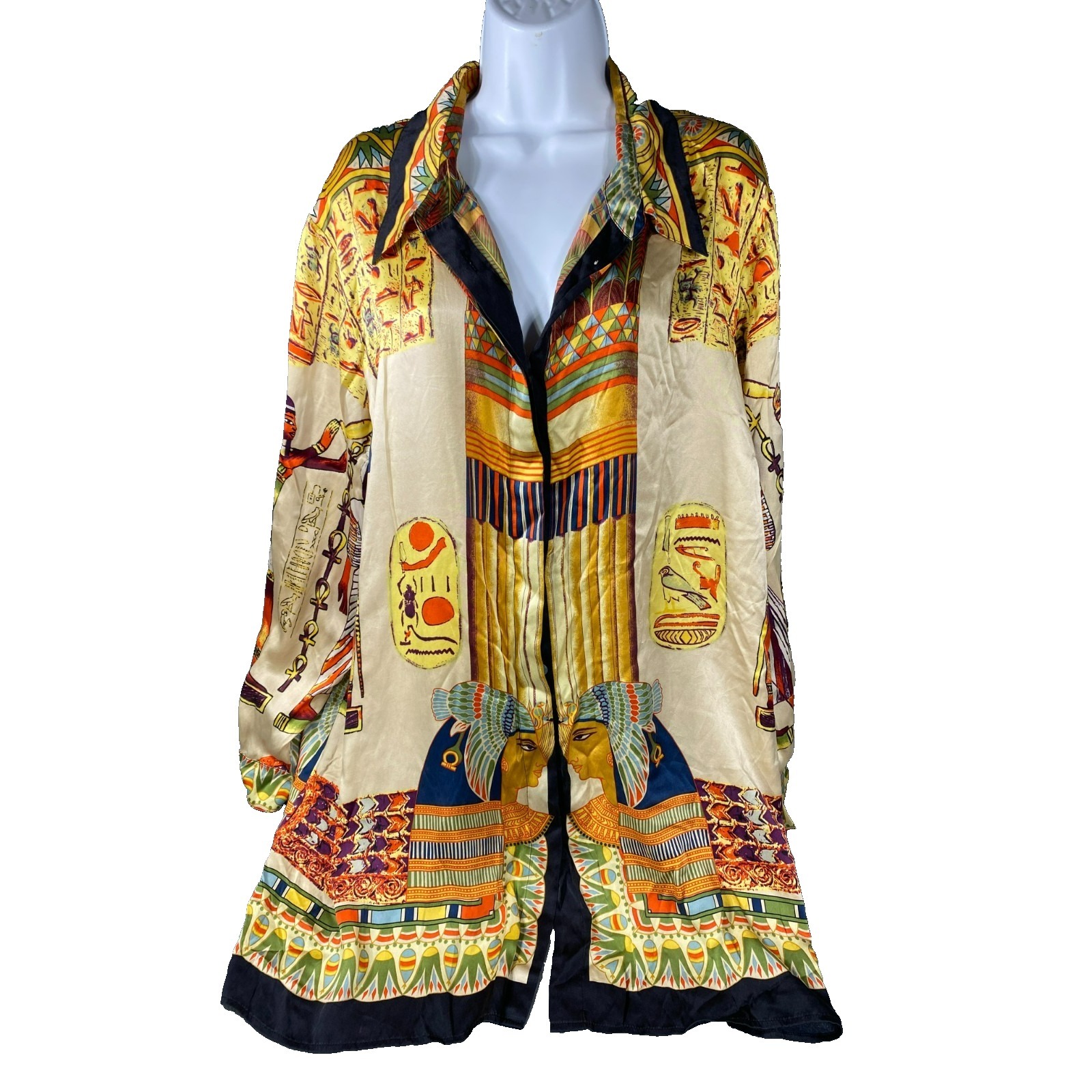 Vintage Spiegel 3x Blouse 100% Silk Egyptian Novelty Print Button Down Art Gold
